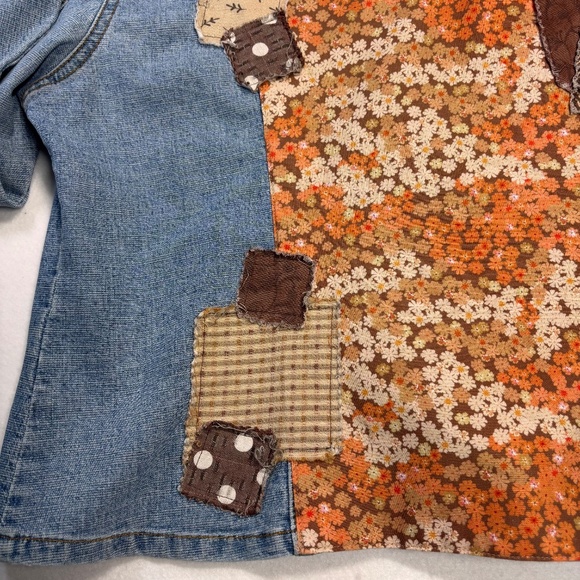 Denim Jacket Lightweight Brown Orange Floral Patchwork Tan Faux Suede Medium - Picture 10 of 11